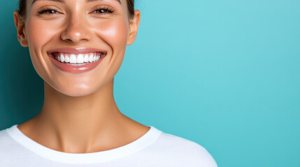 Bright smile, confident expression, clean background, and joyful demeanor create positive