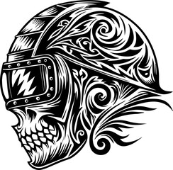 SVG illustration of a mechanical skull. Intricate Tribal Design Featuring Skull and Sickle Blade