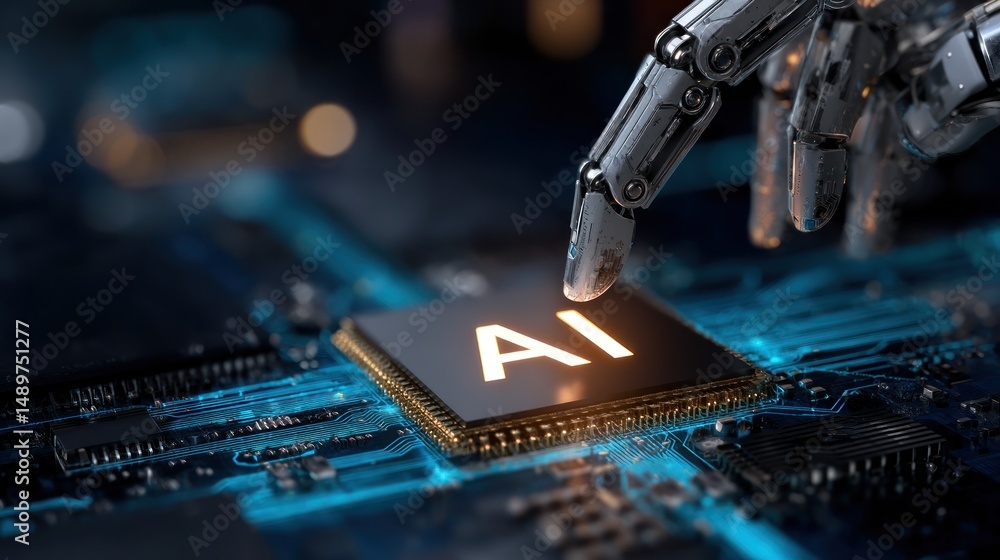 Poster robotic arm points at ai chip on circuit board