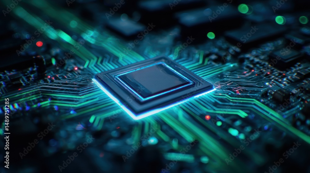 Poster glowing processor chip on a circuit board