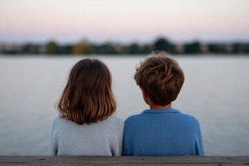 Fototapeta premium Two caucasian kids sitting on a bench overlooking a tranquil lake at sunset