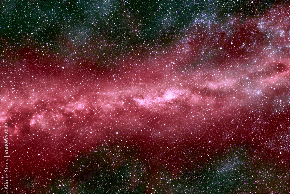 Poster a vibrant and colorful galaxy displaying nebulae and stellar clusters in a rich palette of cosmic re