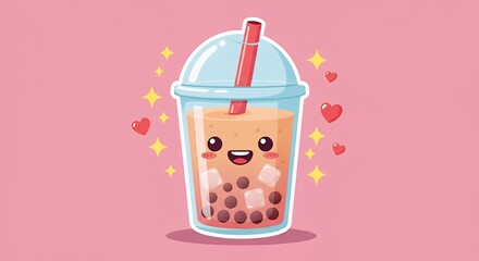 Cute Boba Tea Drink with Kawaii Face, Straw and Hearts