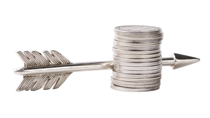 a stack of coins with a silver arrow on top