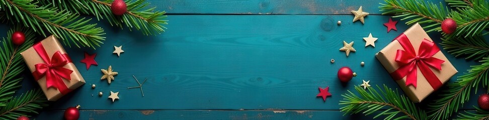 Rustic Christmas postcard Fir branch, gifts, blue banner , package, xmas, blue
