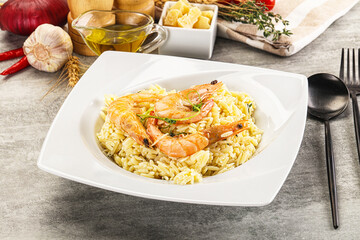 Italian pasta Orzo with prawn