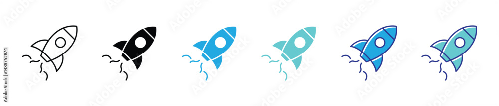Poster rocket launch icon set. containing start up, growth, innovation, launch spaceship thin line and colo