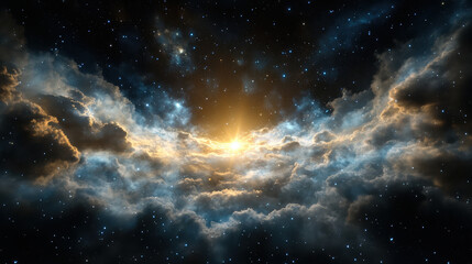 Stunning cosmic scene featuring dense clouds illuminated by distant stars, creating breathtaking
