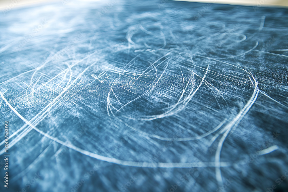 Aufkleber close up view of a scratched and textured surface with abstract marks and a faded blue hue.
