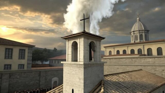 White smoke rises from the chapel chimney, indicating the successful election of a new pope during the papal conclave.