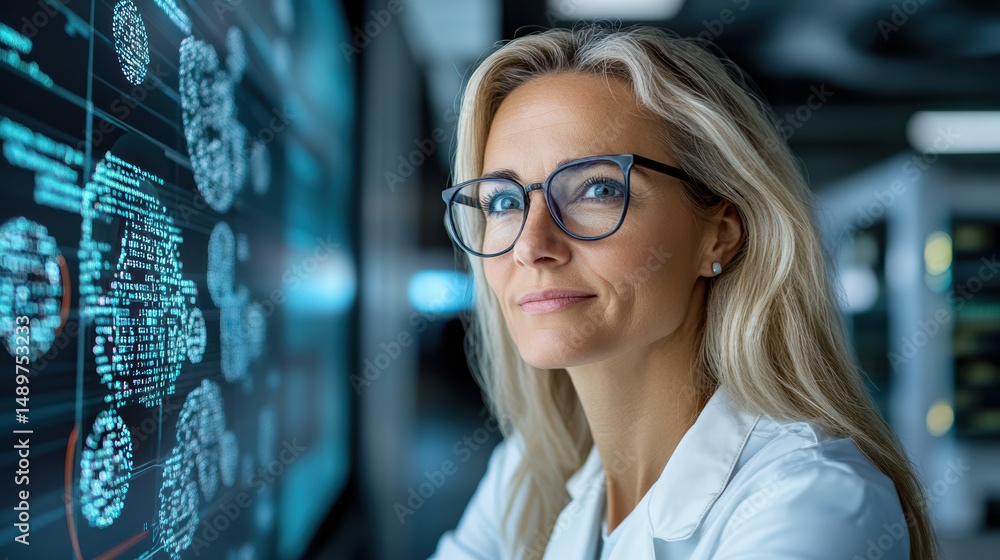Poster innovative researcher analyzing data models in modern lab environment
