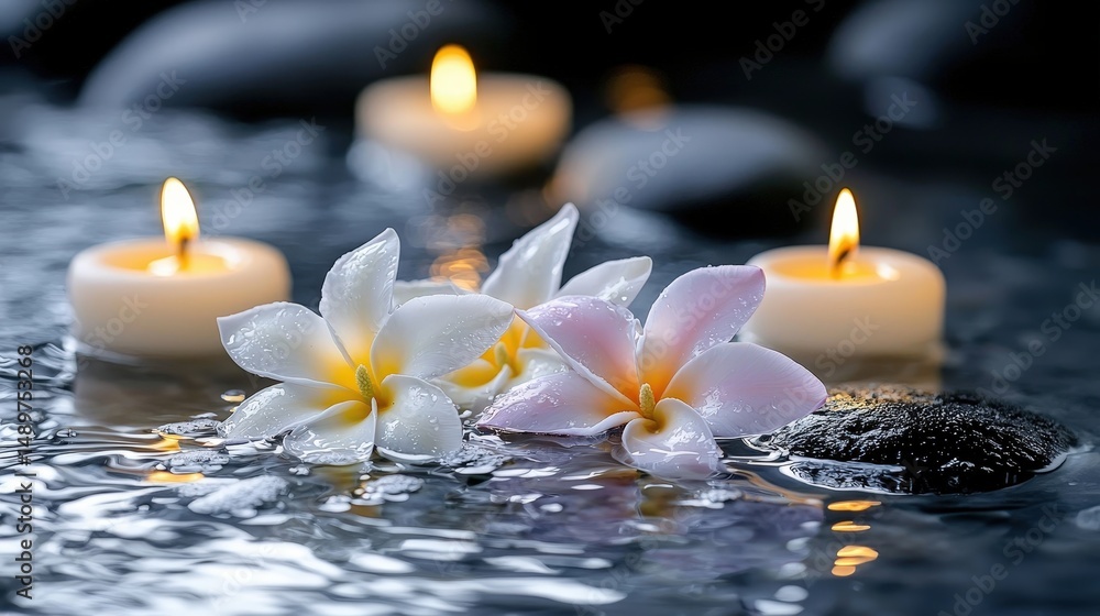 Poster serenity and peace floating flowers and candles in a calm water environment tranquil spa setting rel