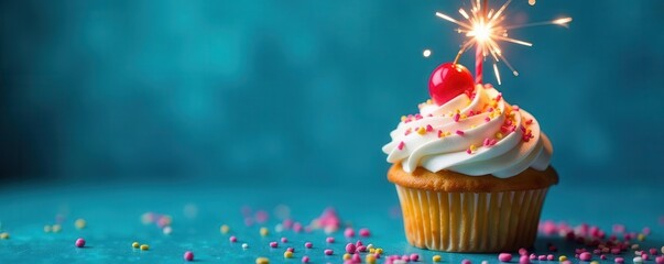 Single birthday cupcake with lit sparkler and sprinkles on blue background , candle, image
