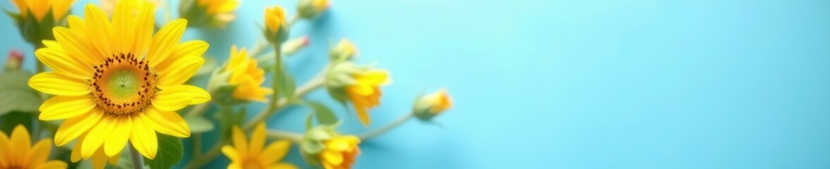 Fototapeta premium Single sunflower, vibrant yellow, light blue backdrop Summer, floral, flatlay , element, photo