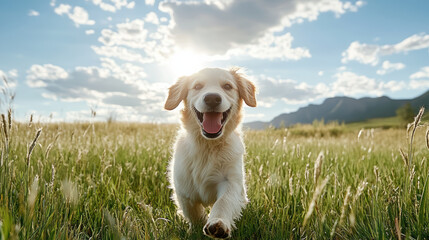 Happy dog running in sunny field with mountains in background, enjoying nature beauty