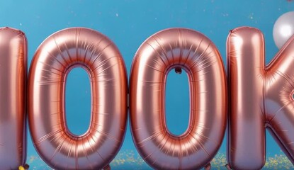 Number 100k balloons and confetti on a blue background. 3D Render.