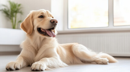 Golden retriever lying on floor by sunny window, exuding relaxed and happy vibe