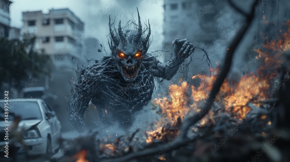 Poster chaos unleashed dark creature emerges in urban ruins dynamic scene destruction apocalyptic atmospher