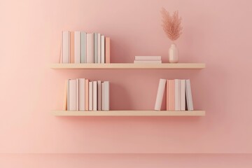 Simple, minimalist wooden bookshelves against a soft pink wall.  Two shelves hold various colored books and a vase with a pampas grass