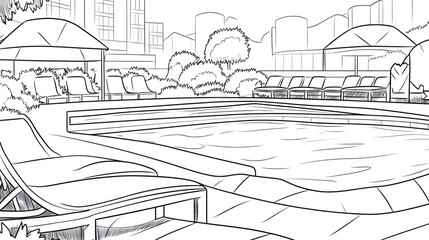 Fototapeta premium Rooftop pool, city view, lounge chairs, relaxation
