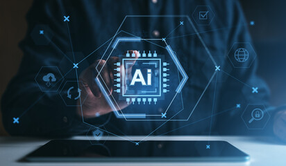 Futuristic hologram interface with AI chip icon over digital tablet display.