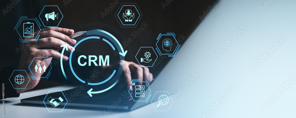Poster crm system interface concept with digital marketing and customer data icons over businessman's hands