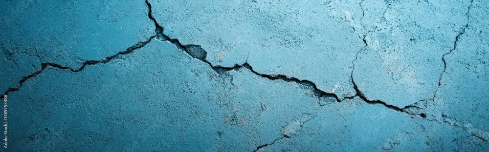 Poster close up of abstract concrete surface with cracks and natural patterns in blue and gray tones