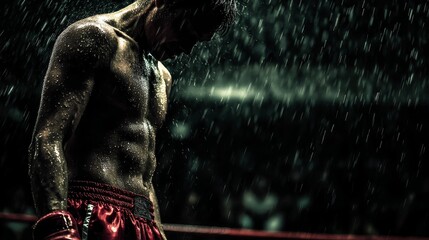 Intense muay thai fighter training in rainy conditions at a muay thai gym capturing the essence of kickboxing