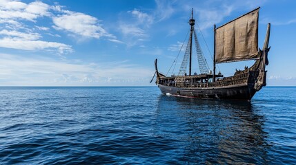 Historic pirate ship sailing across tranquil ocean waters ocean image calm atmosphere side view adventure concept