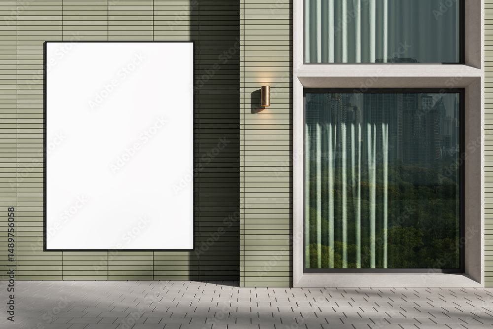 Aufkleber modern green tiled building facade with large blank billboard and window overlooking forest and city
