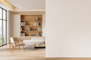 Fototapeta premium Modern interior living room with minimalist wooden furniture, bookshelves, and large windows in bright natural lighting. 3D Rendering. 3D Rendering