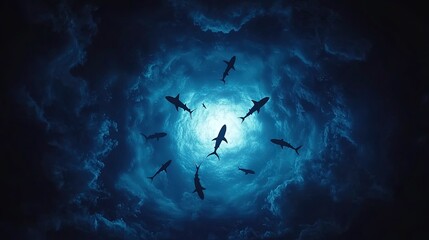 Silhouettes of sharks circling a light source in a dark underwater environment.