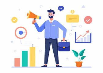 Vector Marketer with Megaphone and Sales Icons  Flat Design Illustration
