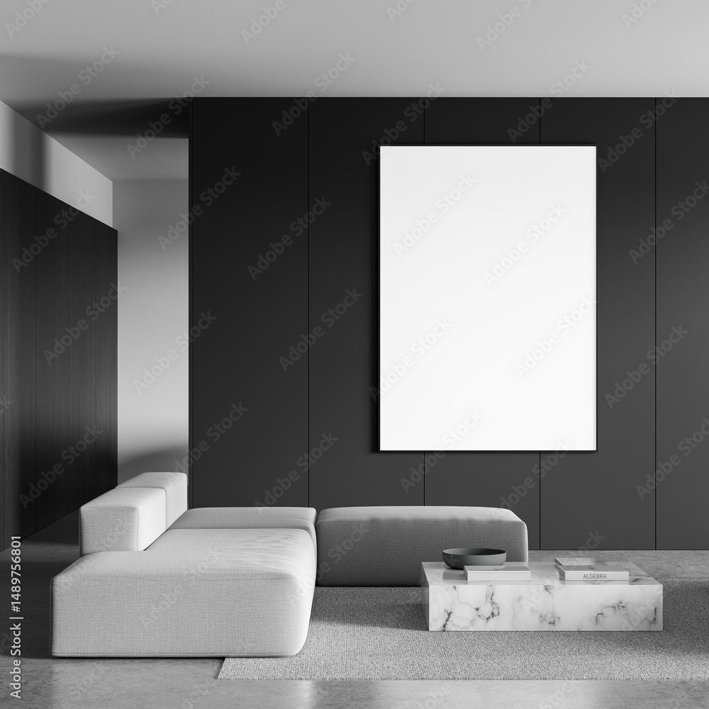 Poster modern interior with minimalist grey furniture and marble table in front of a large blank canvas on 