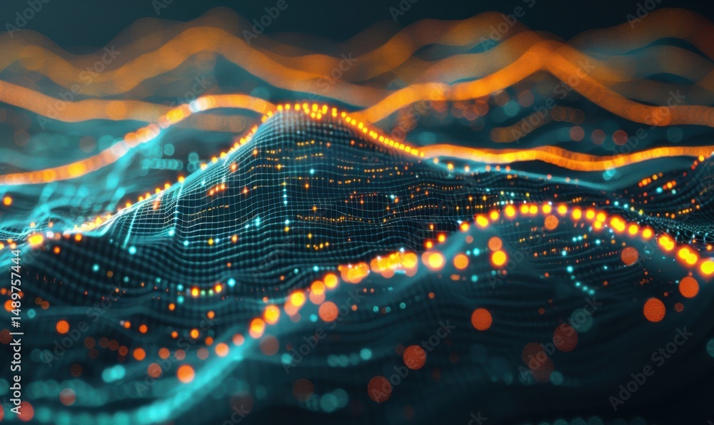 Poster abstract data wave landscape, glowing points, digital background, tech visualization