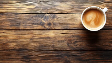 coffee cup on wooden table isolated aerial wide shot minimalist approach perfect symmetry rule of thirds balanced framing empty space quiet and calm mood