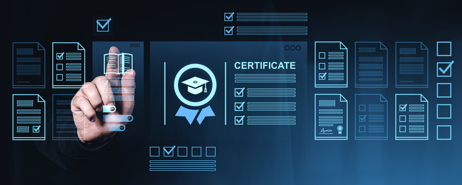 Hand touching virtual certificate icon with digital checklist and documents on screen.
