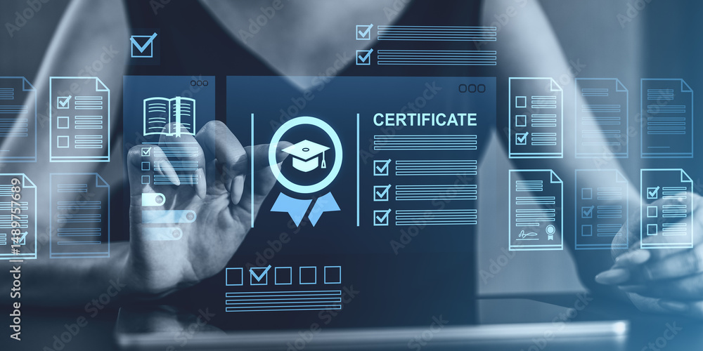 Poster digital certification approval interface with transparent documents and icons on screen.