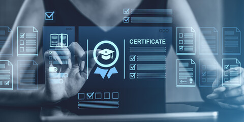 Digital certification approval interface with transparent documents and icons on screen.