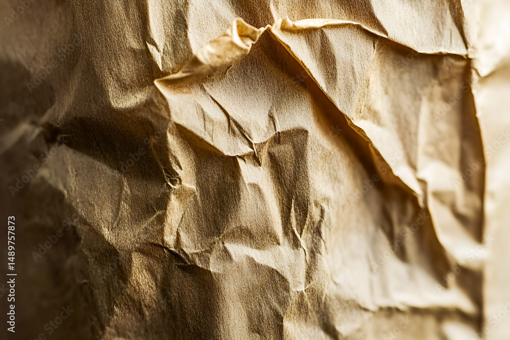 Poster detailed close up of crumpled textured brown paper showing folds and shadows creating an abstract ar