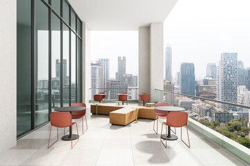 Modern rooftop terrace with city view and stylish furniture in high-rise building interior design concept. 3D Rendering