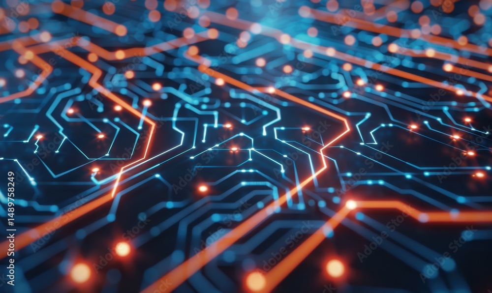 Poster abstract digital circuit board, glowing pathways, technology background, data flow visualization, we
