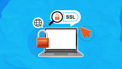 Laptop with SSL security icons and padlock on blue background concept of safety.