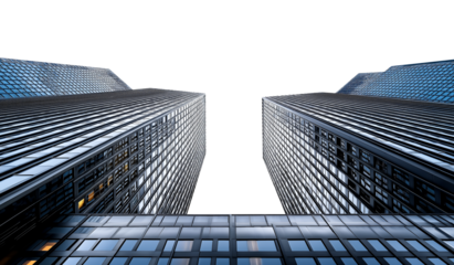 Two tall buildings, glass curtain walls, front view, perspective composition, architectural design drawing style on transparent background