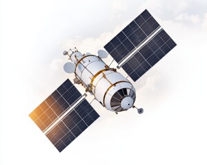 High-Resolution Image of Spacecraft with Solar Panels Against Sky