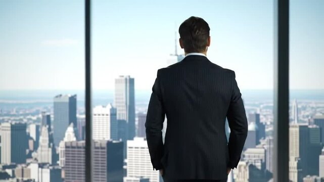 Businessman Looking Out at City Skyline Vision, Success, and Future Goals