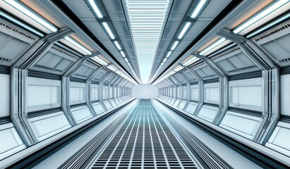 Naklejka premium Futuristic corridor with glowing lights and sleek metallic design