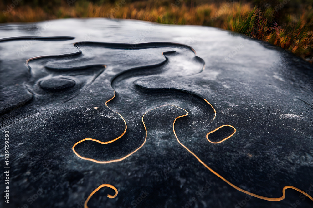 Poster abstract depiction of a textured stone surface with golden inlays creating a meandering and organic 