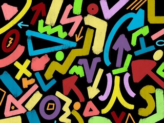 Set of colorful brush-drawn bold geometric shapes, arrows, asterisks and circles. Squiggle thick lines, curly brush strokes for banner, print or collage. Grunge style rough symbols