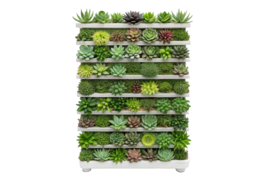 PNG Colorful vertical garden with diverse succulents in multilayered arrangement